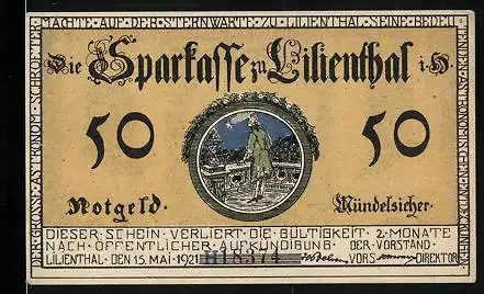 Notgeld Lilienthal i. H. 1921, 50 Pfennig, Portrait Johann Hieronymus Schroeter, Astronom an einer Balustrade