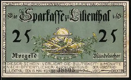 Notgeld Lilienthal i. H. 1921, 25 Pfennig, Portrait Johann Hieronymus Schroeter, Globus und Fernrohre