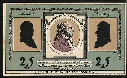 Notgeld Lilienthal i. H. 1921, 25 Pfennig, Portrait Johann Hieronymus Schroeter, Globus und Fernrohre