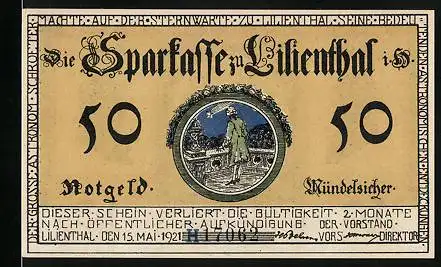 Notgeld Lilienthal i. H. 1921, 50 Pfennig, Portraits der Lilienthaler Astronomen, Astronom vor einer Balustrade