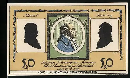 Notgeld Lilienthal i. H. 1921, 50 Pfennig, Portraits der Lilienthaler Astronomen, Astronom vor einer Balustrade