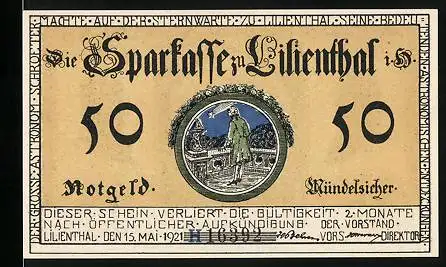 Notgeld Lilienthal i. H. 1921, 50 Pfennig, Portraits der Lilienthaler Astronomen, Astronom vor einer Balustrade