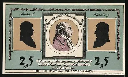 Notgeld Lilienthal i. H. 1921, 25 Pfennig, Portraits der Lilienthaler Astronomen, Fernrohre und Globus