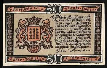 Notgeld Lingen 1921, 50 Pfennig, Wappen, Belagerung der Stadt 1597