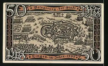 Notgeld Lingen 1921, 50 Pfennig, Wappen, Belagerung der Stadt 1597