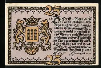 Notgeld Lingen 1921, 25 Pfennig, Wappen, Altes Rathaus