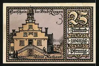 Notgeld Lingen 1921, 25 Pfennig, Wappen, Altes Rathaus