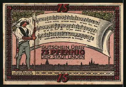 Notgeld Lingen 1921, 75 Pfennig, Wappen, Kiveling, Figur und Lied mit Noten