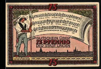 Notgeld Lingen 1921, 75 Pfennig, Wappen, Kiveling, Lied mit Noten