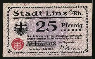 Notgeld Linz /Rh. 1920, 25 Pfennig, Wappen, Stadtansicht mit Dampfer