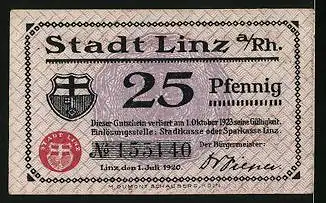 Notgeld Linz /Rh. 1920, 25 Pfennig, Wappen, Stadtansicht mit Dampfer