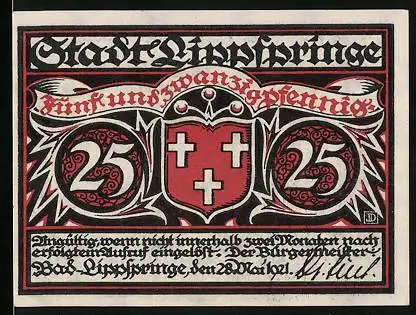 Notgeld Lippspringe 1921, 25 Pfennig, Wappen, Wald-Theater, Bauer mit Wagen
