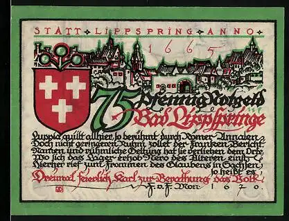 Notgeld Lippspringe 1921, 75 Pfennig, Wappen, Stadtpanorama, Sachsentaufe