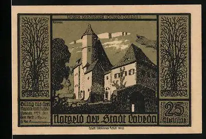 Notgeld Lobeda 1921, 25 Pfennig, Schloss, Herrensitz, Soldat und Hirte mit Wappen