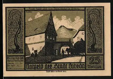 Notgeld Lobeda 1921, 25 Pfennig, Altes Haus u. alte Toreinfahrt, Herrensitz, Soldat und Hirte mit Wappen
