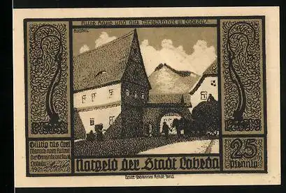 Notgeld Lobeda 1921, 25 Pfennig, Altes Haus u. alte Toreinfahrt, Herrensitz, Soldat und Hirte mit Wappen
