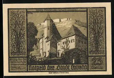 Notgeld Lobeda 1921, 25 Pfennig, Schloss, Herrensitz, Soldat und Hirte mit Wappen