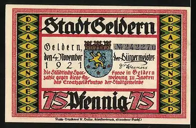 Notgeld Geldern 1921, 75 Pfennig, Soldaten schärfen ihre Waffen