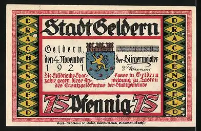 Notgeld Geldern 1921, 75 Pfennig, Bürger schleichen sich an schlafenden Drachen heran