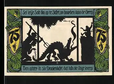 Notgeld Geldern 1921, 75 Pfennig, Der Drache wir rücklings attackiert