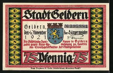 Notgeld Geldern 1921, 75 Pfennig, Der Drache wir rücklings attackiert