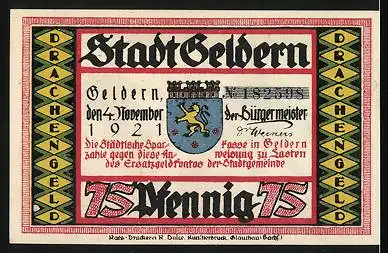 Notgeld Geldern 1921, 75 Pfennig, Der Burggraf wir von seinen Söhnen angefleht, den Drachen zu attackieren