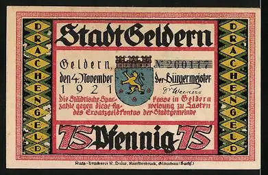 Notgeld Geldern 1921, 75 Pfennig, Soldaten schleifen ihre Waffen