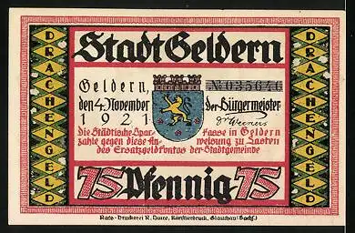 Notgeld Geldern 1921, 75 Pfennig, Der Drache greift die Menschen an