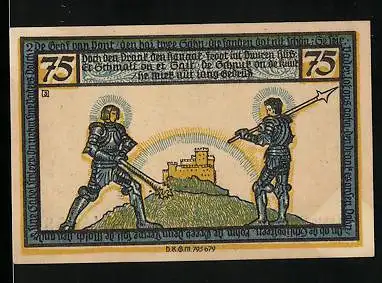 Notgeld Geldern, 75 Pfennig, Zwei bewaffnete Ritter vor einer Burg