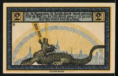 Notgeld Geldern, 2 Mark, Der Drache liegt am Boden und brüllt