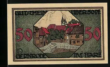 Notgeld Gernrode /Harz 1921, 50 Pfennig, Ortspartie mit Brücke