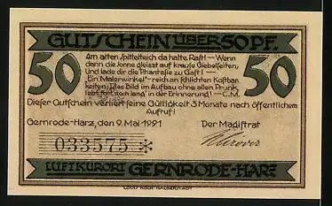 Notgeld Gernrode /Harz 1921, 50 Pfennig, Ortspartie mit Brücke