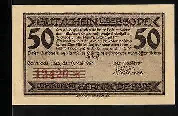 Notgeld Gernrode /Harz 1921, 50 Pfennig, Ortspartie mit einer Brücke