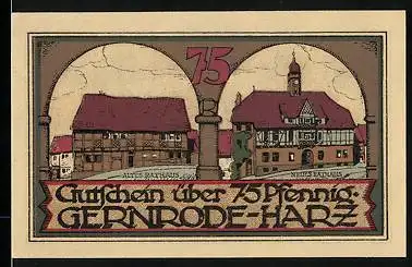 Notgeld Gernrode /Harz 1921, 75 Pfennig, Altes und neues Rathaus