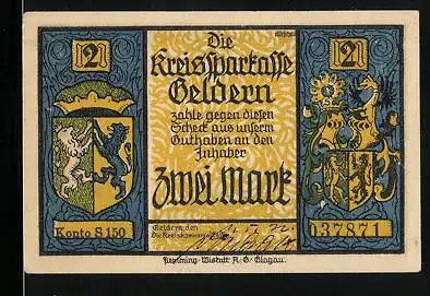 Notgeld Geldern 1922, 2 Mark, Der Drache vor der Stadt