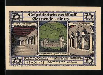 Notgeld Gernrode /Harz 1921, 75 Pfennig, Stiftskirche St. Cyriaci mit Details