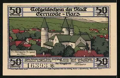 Notgeld Gernrode /Harz 1921, 50 Pfennig, Die Stiftskirche St. Cyriaci von Osten