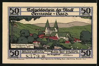 Notgeld Gernrode /Harz 1921, 50 Pfennig, Die Stiftskirche St. Cyriaci von Osten um 1840