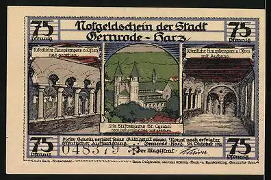 Notgeld Gernrode /Harz 1921, 75 Pfennig, Die Stiftskirche St. Cyriaci vom Panoramaweg aus, mit Details