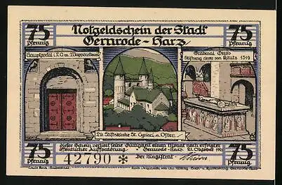 Notgeld Gernrode /Harz 1921, 75 Pfennig, Die Stiftskirche St. Cyriaci von Osten, mit Details