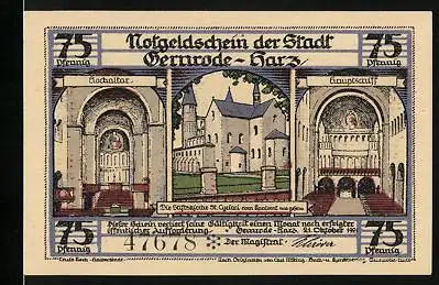 Notgeld Gernrode /Harz 1921, 75 Pfennig, Die Stiftskirche St. Cyriaci vom Kantorat aus