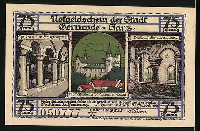 Notgeld Gernrode /Harz 1921, 75 Pfennig, Die Stiftskirche St. Cyriaci von Norden, mit Details