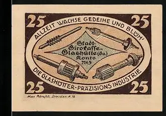 Notgeld Glashütte 1921, 25 Pfennig, Glashütter-Präzisions Industrie, Werkzeuge