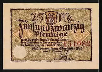 Notgeld Glashütte 1921, 25 Pfennig, Glashütter-Präzisions Industrie, Werkzeuge