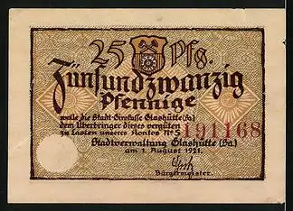 Notgeld Glashütte 1921, 25 Pfennig, Zwei Werkzeuge
