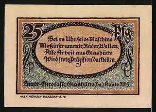 Notgeld Glashütte 1921, 25 Pfennig, Reklame-Gedicht über die Industrie