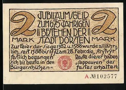 Notgeld Dorsten, 2 Mark, Zwei Ritter und das Wappen
