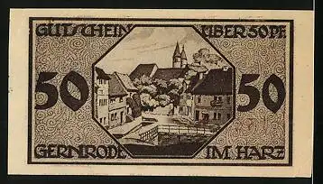 Notgeld Gernrode /Harz 1921, 50 Pfennig, Ortspartie mit einer Brücke