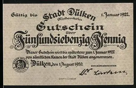 Notgeld Dülken 1922, 75 Pfennig, Jubiläum der Aufrichtung der akademischen Windmühle