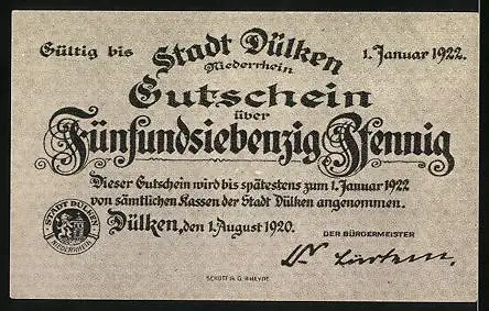 Notgeld Dülken 1922, 75 Pfennig, Jubiläum der Aufrichtung der akademischen Windmühle